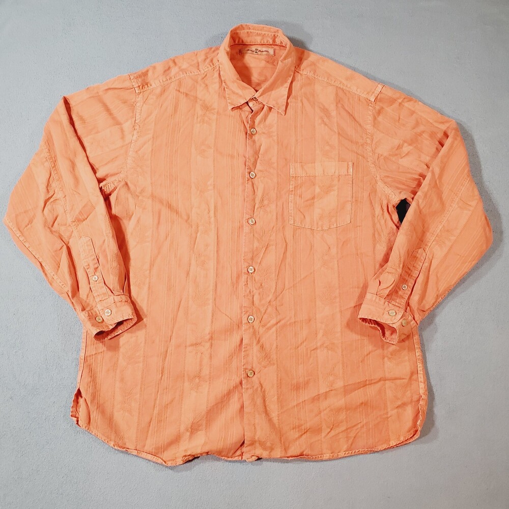 Tommy Bahama Shirt Men Large Peach Floral Embroidered Long Sleeve Preppy Comfort